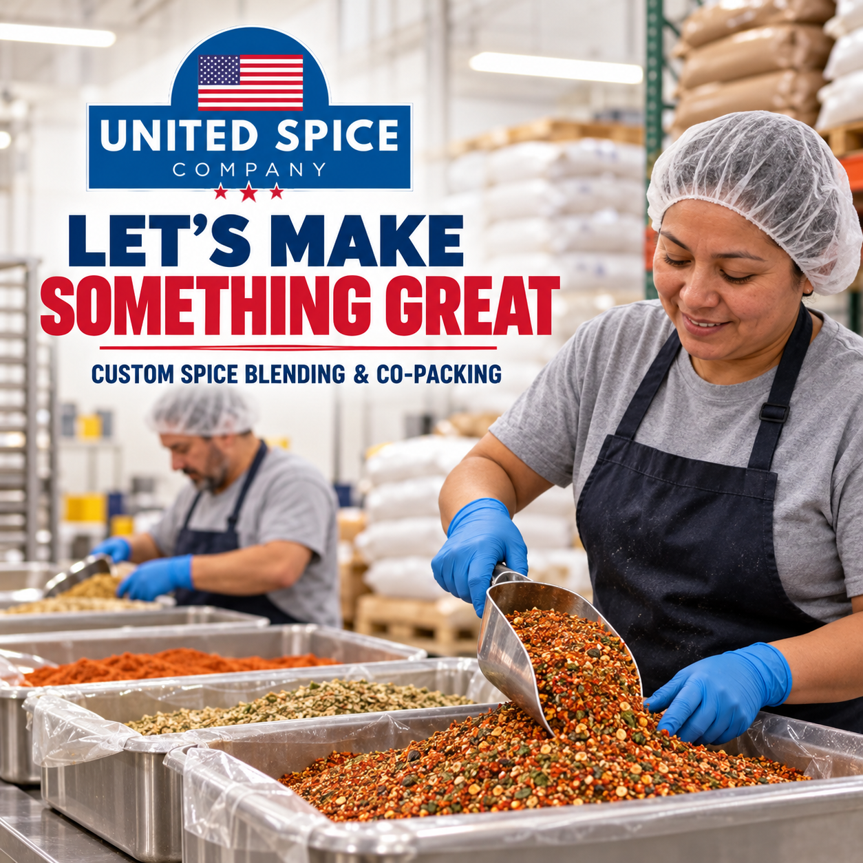 Production team blending dry spices in stainless steel bins
